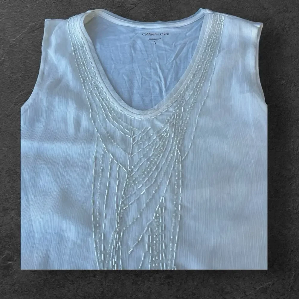 Coldwater Creek women’s size L 14 ivory tank top with beadwork on front